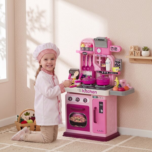 AIYAPLAY Cucina Giocattolo per Bambini da 33 Pezzi con Luci, Suoni e Rubinetto, in PP e ABS, 53x22x69 cm, Rosa
