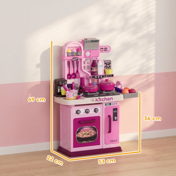 AIYAPLAY Cucina Giocattolo per Bambini da 33 Pezzi con Luci, Suoni e Rubinetto, in PP e ABS, 53x22x69 cm, Rosa