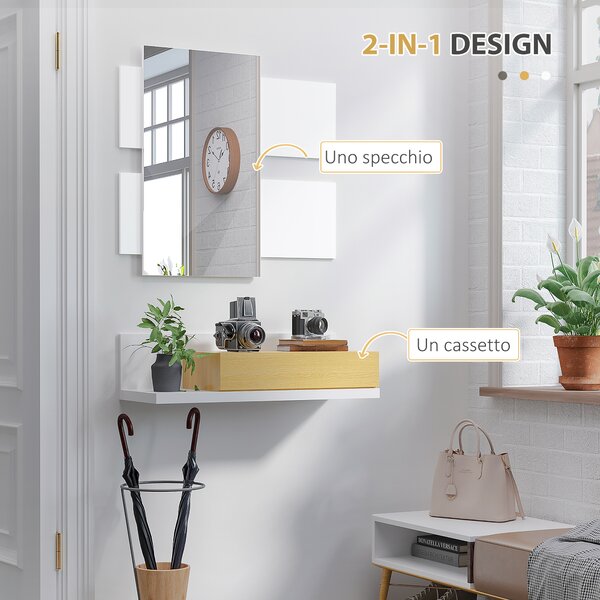 HOMCOM Set Mobili da Ingresso con Specchio 40x70cm e Cassetto in Legno con Fissaggio a Muro