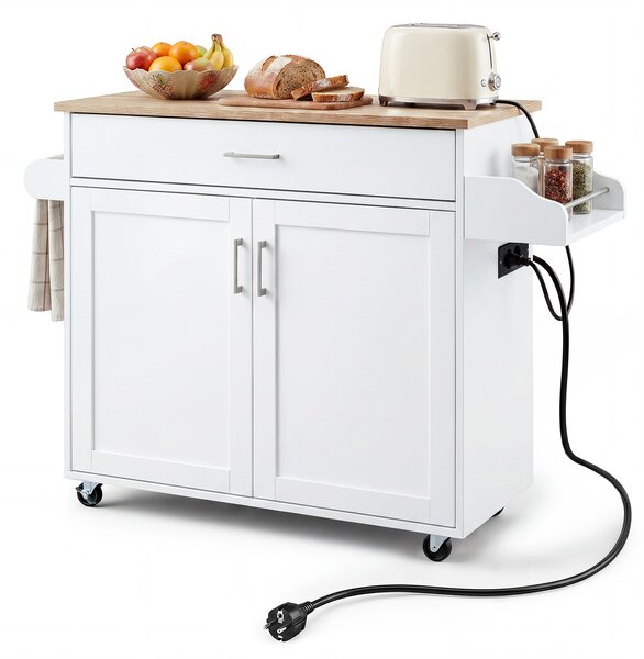 Costway Isola da cucina con mensola regolabile in 3 posizioni con ciabatta elettrica, Carrello da cucina con ruote di gomma Bianco
