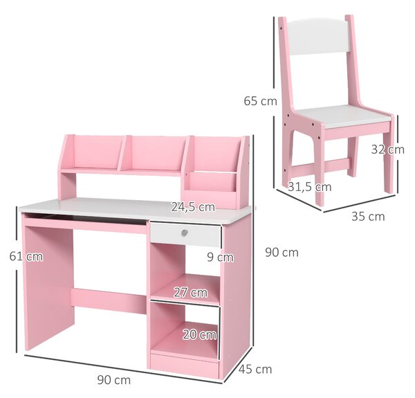 ZONEKIZ Tavolo Scrivania per Bambini 5-8 Anni con Sedia, Scaffale, Mensola Estraibile e Cassetto, Rosa | Aosom Italy