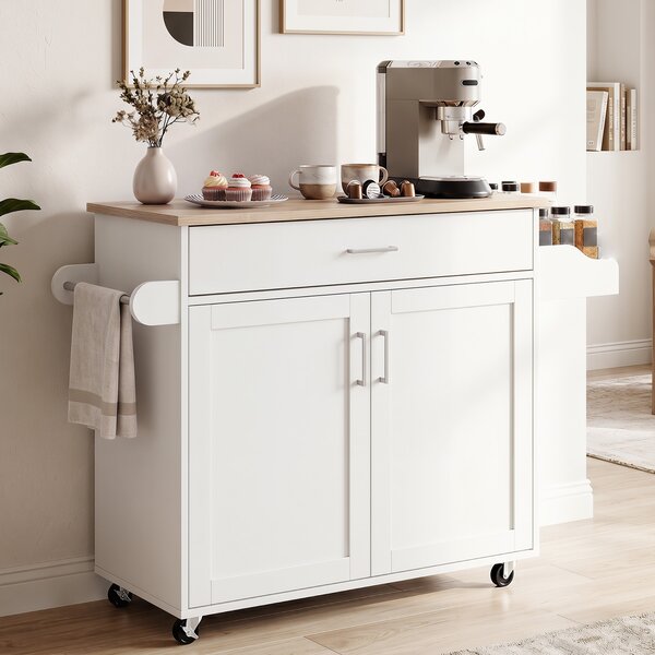 Costway Isola da cucina con mensola regolabile in 3 posizioni con ciabatta elettrica, Carrello da cucina con ruote di gomma Bianco