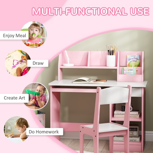 ZONEKIZ Tavolo Scrivania per Bambini 5-8 Anni con Sedia, Scaffale, Mensola Estraibile e Cassetto, Rosa | Aosom Italy