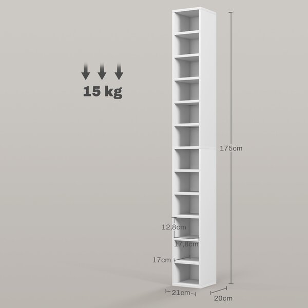 HOMCOM Mobile Libreria Porta CD a 12 Ripiani per 204 CD, in MDF e Truciolato, 21x20x175 cm, Bianco | Aosom Italy