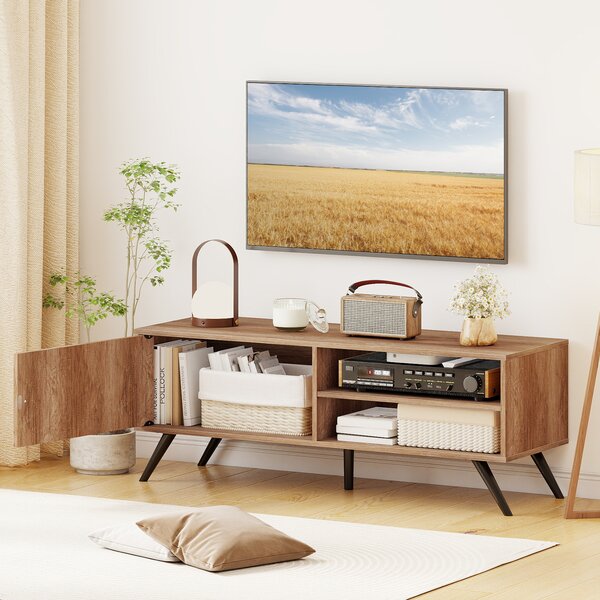 Costway Mobile tv in legno stand videogiochi dvd 1 anta 2 scomparti passacavi, Tavolino porta televisore fino a 55 pollici