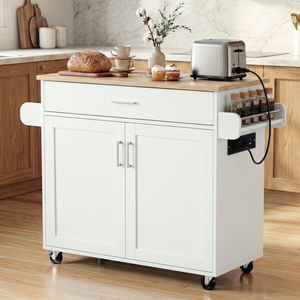 Costway Isola da cucina con mensola regolabile in 3 posizioni con ciabatta elettrica, Carrello da cucina con ruote di gomma Bianco