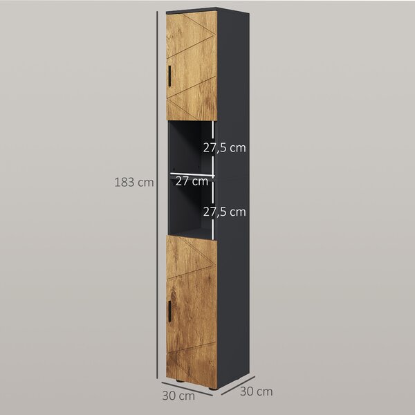 Kleankin Colonna Bagno in Truciolato con 2 Ripiani Aperti e 2 Armadietti a 2 Livelli, 30x30x183 cm, Rovere | Aosom Italy
