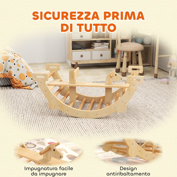 AIYAPLAY Arco Montessori in Legno per Bambini 2-4 Anni Convertibile in Dondolo 110x52x45 cm, color Legno | Aosom Italy