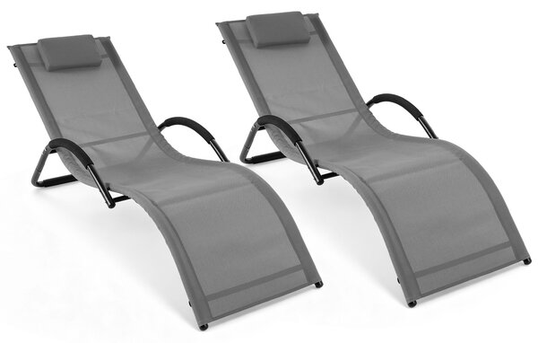 Costway Sedia a sdraio da esterno con poggiatesta rimovibile, Lettino prendisole da spiaggia con struttura curva ergonomica portata 160 kg 2 Pezzi Grigio