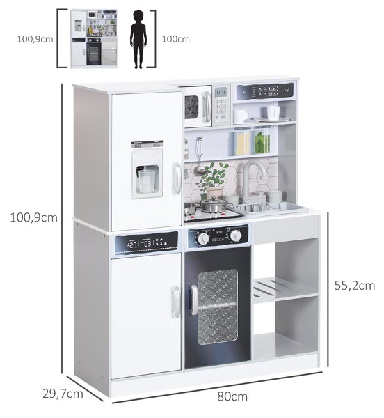 AIYAPLAY Set Cucina Giocattolo in Legno con Fornello con Luci e Suoni, Lavello con Circolo d'Acqua e Accessori, Bianco | Aosom Italy