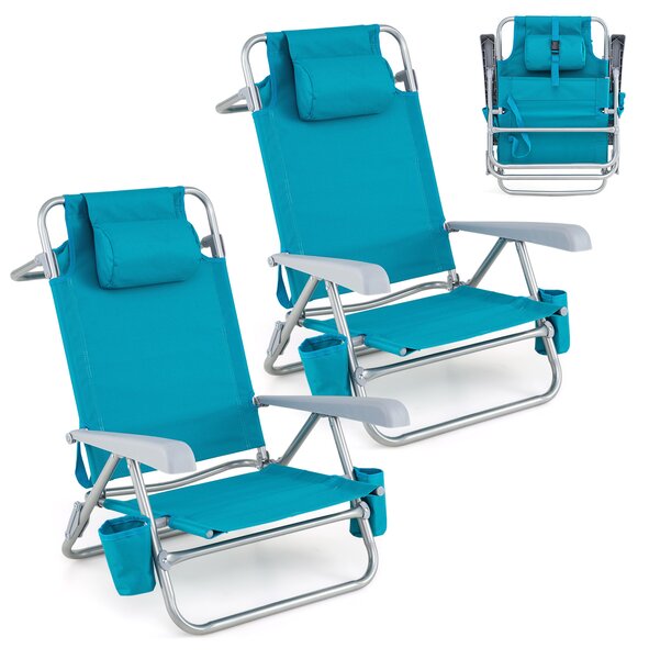 Costway Sedia da spiaggia pieghevole e portatile con borsa termica portabicchieri, Lettino prendisole con cuscino poggiatesta e portasciugamani