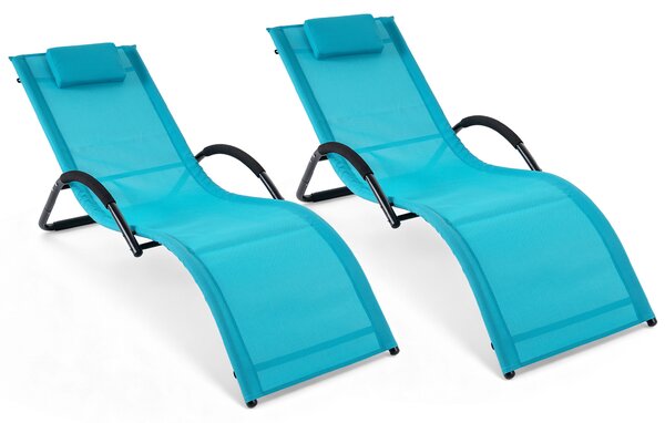 Costway Sedia a sdraio da esterno con poggiatesta rimovibile, Lettino prendisole da spiaggia con struttura curva ergonomica portata 160 kg 2 Pezzi Blu