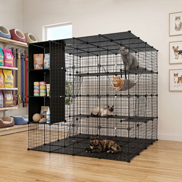 Costway Gabbia per gatti recinto per animali domestici dal design modulare con ampie piattaforme 3 scalette, Gabbia 3 cubi portaoggetti e porte gabbia per cani