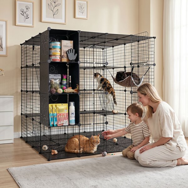 Costway Gabbia per gatti recinto per animali domestici dal design modulare con ampie piattaforme 3 scalette, Gabbia 3 cubi portaoggetti e porte gabbia per cani