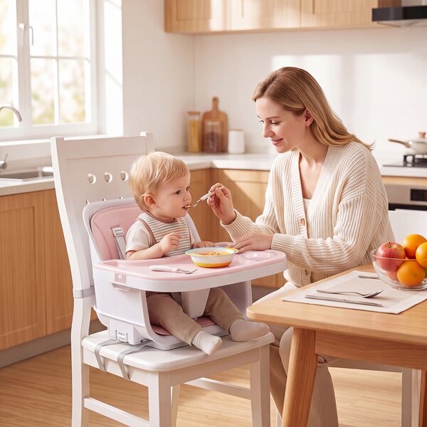 Costway Seggiolone pappa pieghevole 4 in 1 cuscino vassoi doppi rimovibili, Per neonati 6-36m gambe legno cintura portabicchieri Rosa