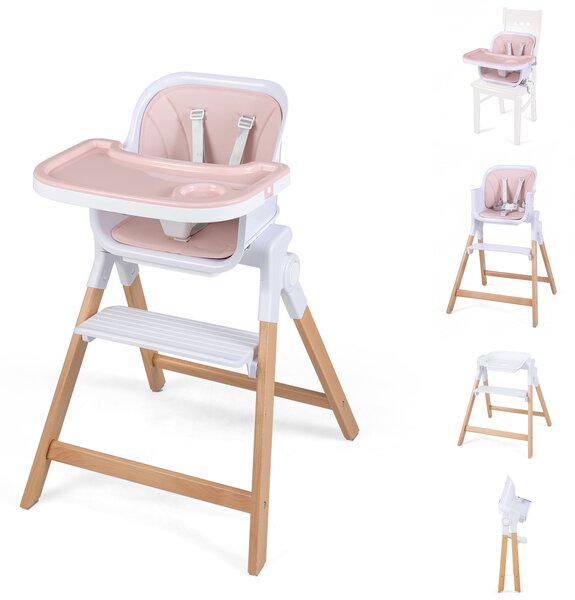 Costway Seggiolone pappa pieghevole 4 in 1 cuscino vassoi doppi rimovibili, Per neonati 6-36m gambe legno cintura portabicchieri Rosa