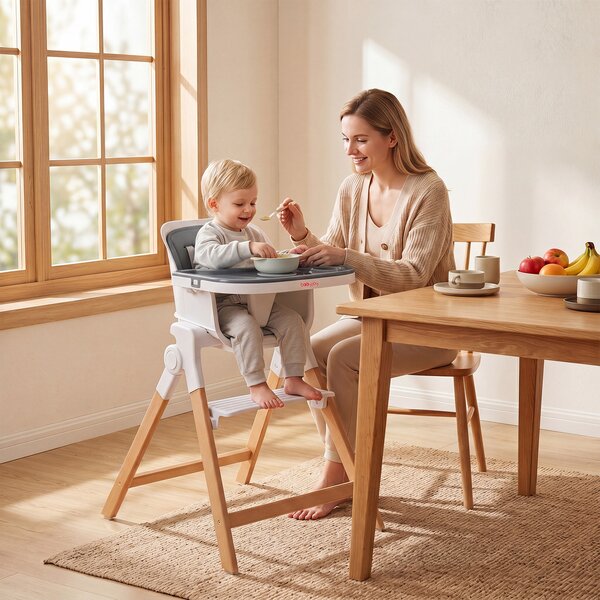 Costway Seggiolone pappa pieghevole 4 in 1 cuscino vassoi doppi rimovibili, Per neonati 6-36m gambe legno cintura portabicchieri Grigio