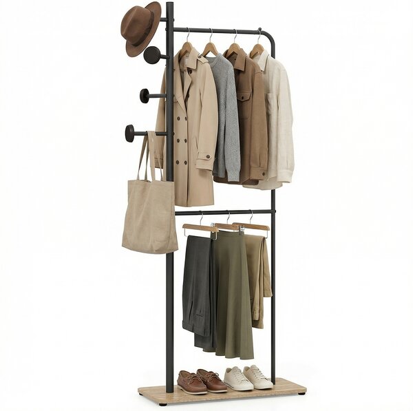 Costway Stand appendiabiti da terra 167 cm legno/metallo 4 ganci 2 aste piano, Attaccapanni salvaspazio moderno ingresso salotto