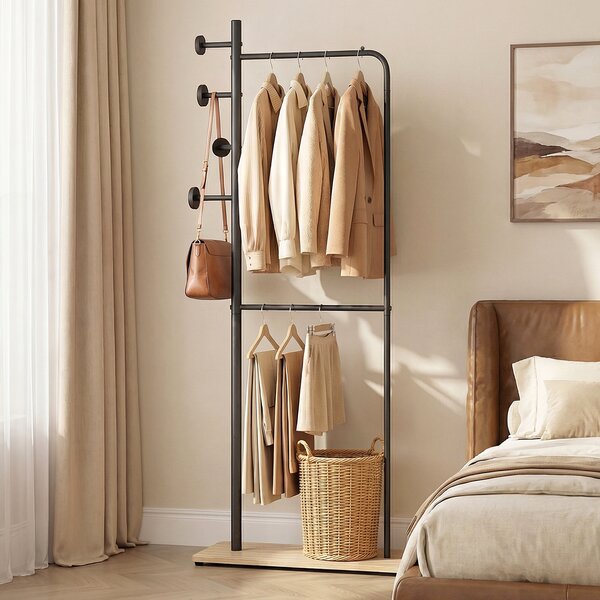 Costway Stand appendiabiti da terra 167 cm legno/metallo 4 ganci 2 aste piano, Attaccapanni salvaspazio moderno ingresso salotto