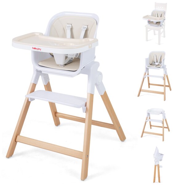 Costway Seggiolone pappa pieghevole 4 in 1 cuscino vassoi doppi rimovibili, Per neonati 6-36m gambe legno cintura portabicchieri Beige