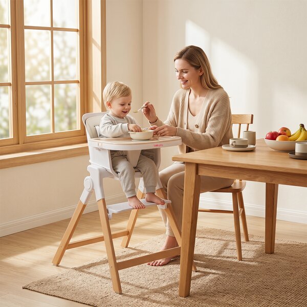 Costway Seggiolone pappa pieghevole 4 in 1 cuscino vassoi doppi rimovibili, Per neonati 6-36m gambe legno cintura portabicchieri Beige