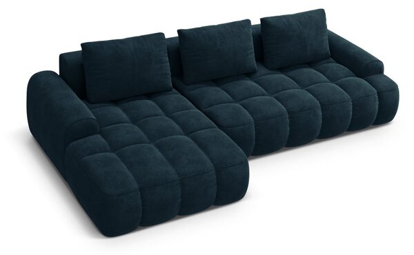 Divano angolare color petrolio allungabile/con contenitore (con penisola a sinistra/con chaise lounge) con rivestimento in velluto Linz – Cosmopolitan Design