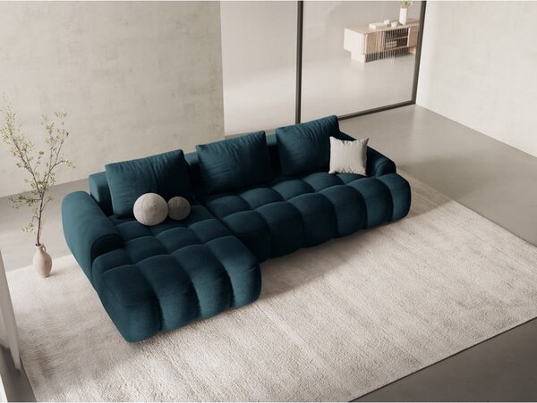 Divano angolare color petrolio allungabile/con contenitore (con penisola a sinistra/con chaise lounge) con rivestimento in velluto Linz – Cosmopolitan Design