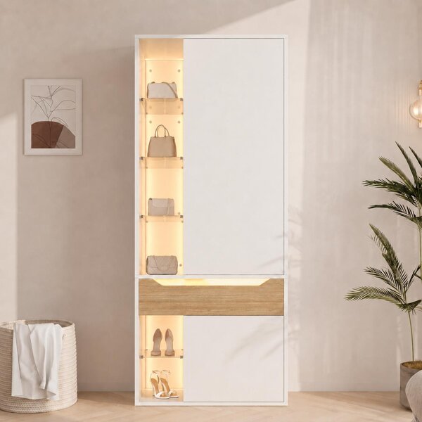 Armadio con illuminazione a LED, cabina armadio con vetrina in vetro e appendiabiti, mobile alto con cassetto e ripiani, dimensioni 75x50x200 cm, colore bianco, materiale MDF