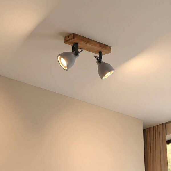 Lindby Spot Mitis, 30 cm, a 2 luci, grigio, legno, cemento, GU10 Mitis Lindby, dimmerabile, Legno scuro, Soggiorno / Sala da pranzo, calcestruzzo / cemento, Industriale, Faretto