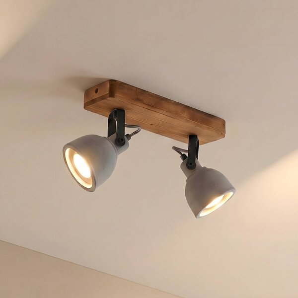 Lindby Spot Mitis, 30 cm, a 2 luci, grigio, legno, cemento, GU10 Mitis Lindby, dimmerabile, Legno scuro, Soggiorno / Sala da pranzo, calcestruzzo / cemento, Industriale, Faretto