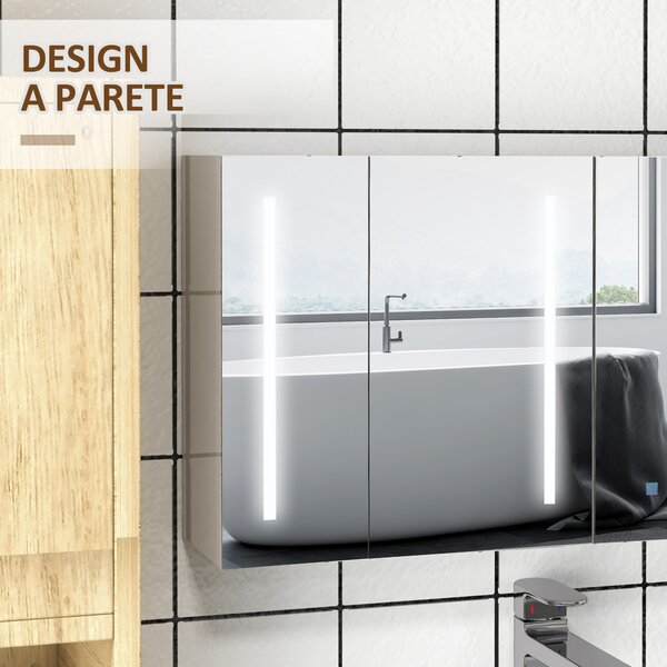 Kleankin Armadietto con Specchio con Ripiani Regolabili e Luci LED a 3 Colori, in MDF e Vetro, 90x15x70 cm, Bianco