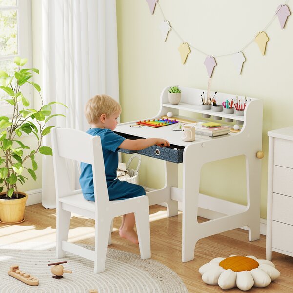 AIYAPLAY Scrivania e Sedia per Bambini con 2 Cassetti, Ripiano Superiore e Porta-bicchieri, 62,8x55,6x73,8 cm, Bianco | Aosom Italy