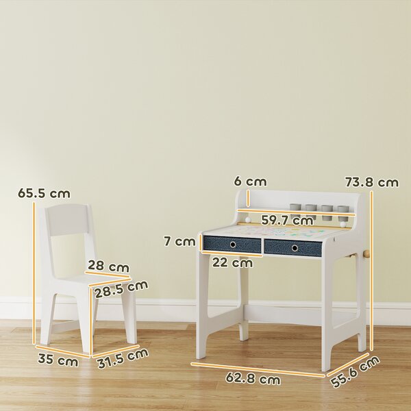 AIYAPLAY Scrivania e Sedia per Bambini con 2 Cassetti, Ripiano Superiore e Porta-bicchieri, 62,8x55,6x73,8 cm, Bianco | Aosom Italy