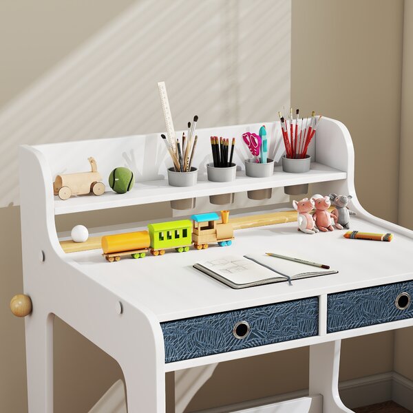 AIYAPLAY Scrivania e Sedia per Bambini con 2 Cassetti, Ripiano Superiore e Porta-bicchieri, 62,8x55,6x73,8 cm, Bianco | Aosom Italy