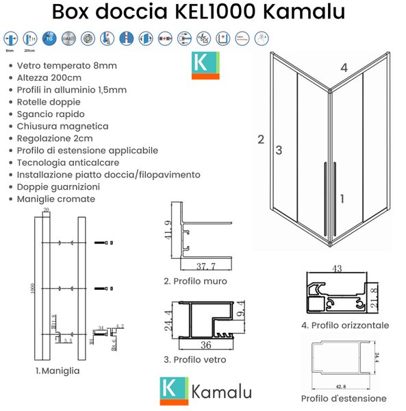 Box doccia angolo 80x70 cm doppio scorrevole vetro 8mm altezza 200h | KEL1000 - KAMALU