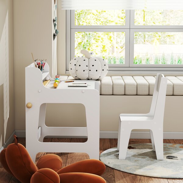 AIYAPLAY Scrivania e Sedia per Bambini con 2 Cassetti, Ripiano Superiore e Porta-bicchieri, 62,8x55,6x73,8 cm, Bianco | Aosom Italy