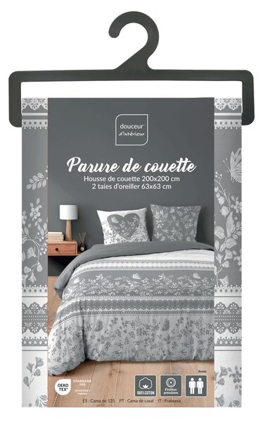 Set copripiumino e federa bianco/grigio in cotone per letto matrimoniale 200x200 cm Annie – douceur d'intérieur
