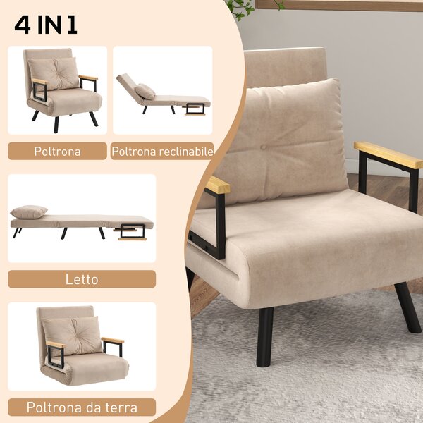 HOMCOM Poltrona Letto Singolo in Tessuto Effetto Velluto Reclinabile in 5 Posizioni con Cuscino Sfoderabile, 63x73x81cm Beige | Aosom Italy