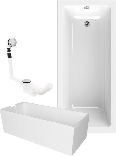 Calmwaters® Set completo vasca rettangolare 170x75 cm con supporto vasca e set di scarico, vasca stampata, set completo vasca in acrilico, vasca rettangolare Modern Square 170 x 75 cm, bianco