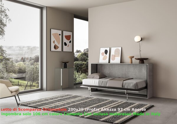 Letto a scomparsa Kando singolo Con Materasso Incluso Chiuso Occupa solo 39 cm di profondit�, Dimensioni chiuso 200x39xh97 cm struttura in legno colore Cemento