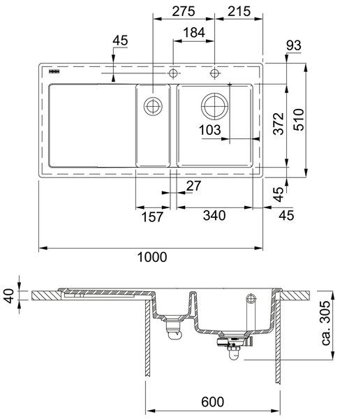 Franke Mythos MTK-651-D, Lavabo da appoggio, Rettangolare, Vetroceramica, Bianco, 2 vasche, Rettangolare