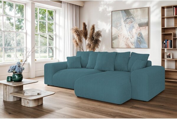 Divano angolare turchese allungabile/con contenitore con rivestimento in velluto a coste Luma – Ropez