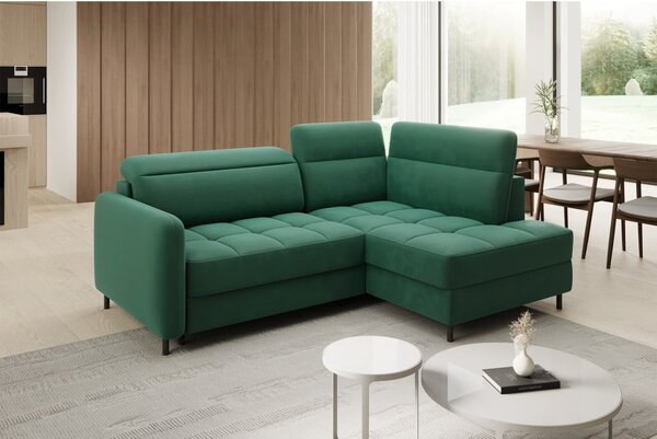 Divano angolare verde allungabile/con contenitore (con penisola a destra/a L) e rivestimento in velluto Barea – ELTAP