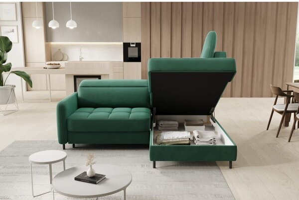 Divano angolare verde allungabile/con contenitore (con penisola a destra/a L) e rivestimento in velluto Barea – ELTAP