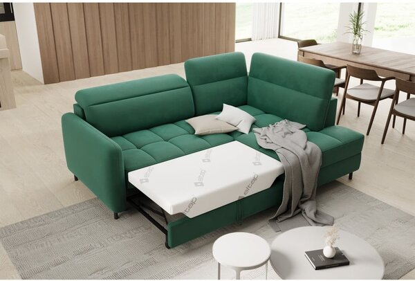 Divano angolare verde allungabile/con contenitore (con penisola a destra/a L) e rivestimento in velluto Barea – ELTAP