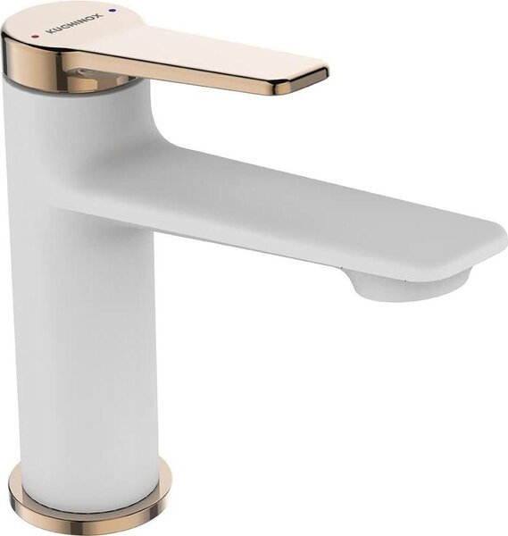 Rubinetto per lavabo a risparmio idrico con sistema di chiusura a leva, disponibile nei colori bianco e rosa oro