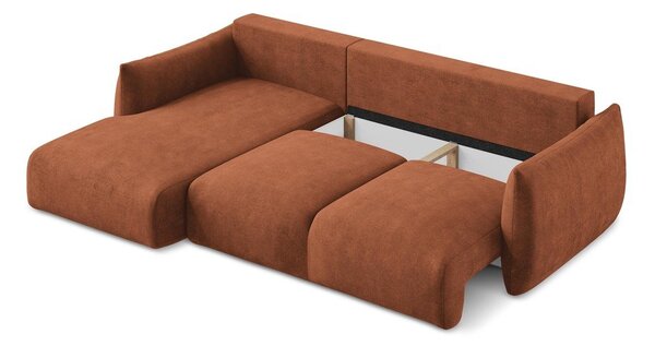 Divano angolare color terracotta allungabile (con penisola a sinistra/con chaise lounge) con rivestimento in ciniglia Leila – Makamii