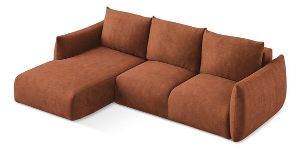Divano angolare color terracotta allungabile (con penisola a sinistra/con chaise lounge) con rivestimento in ciniglia Leila – Makamii