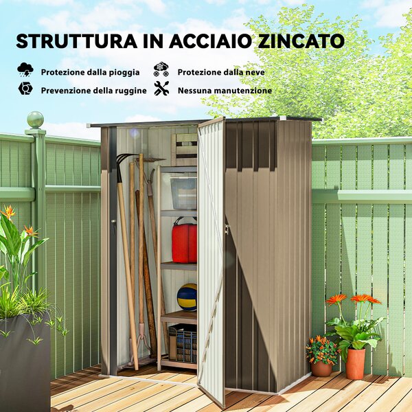 Outsunny Casetta da Giardino con Porta Bloccabile, Capanno Porta Attrezzi in Metallo con Tetto Inclinato, 142x86x189 cm, Marrone | Aosom Italy