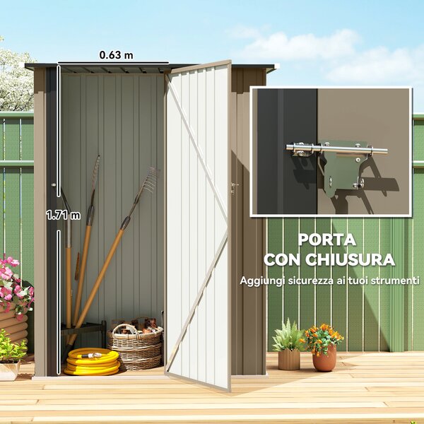 Outsunny Casetta da Giardino con Porta Bloccabile, Capanno Porta Attrezzi in Metallo con Tetto Inclinato, 142x86x189 cm, Marrone | Aosom Italy